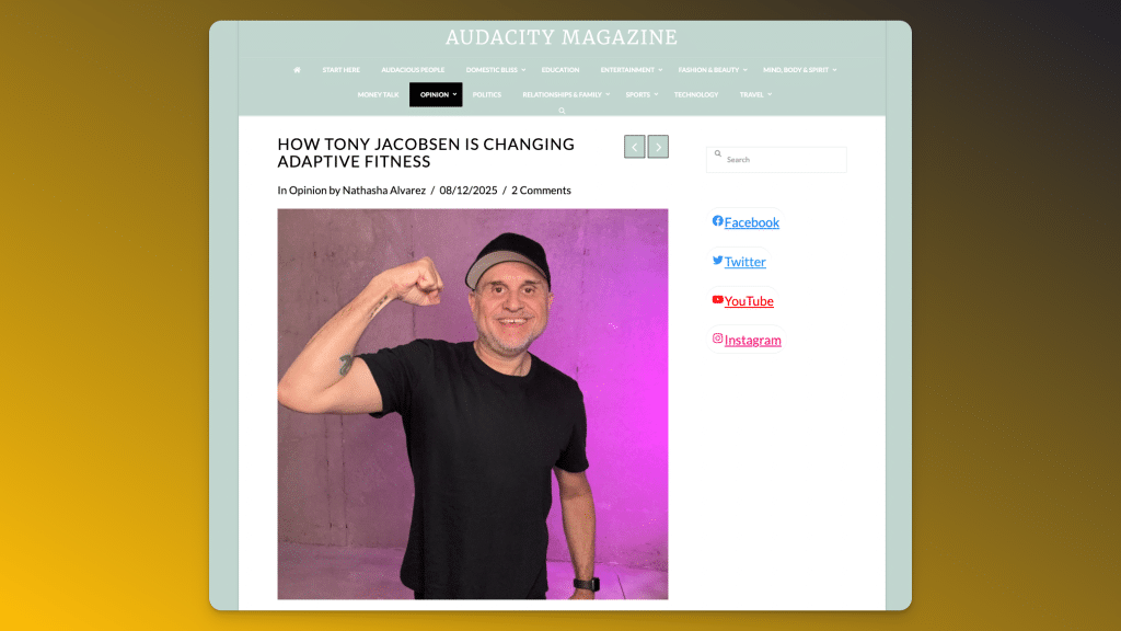 tony jacobsen flexing in his picture featured on audacity magazine