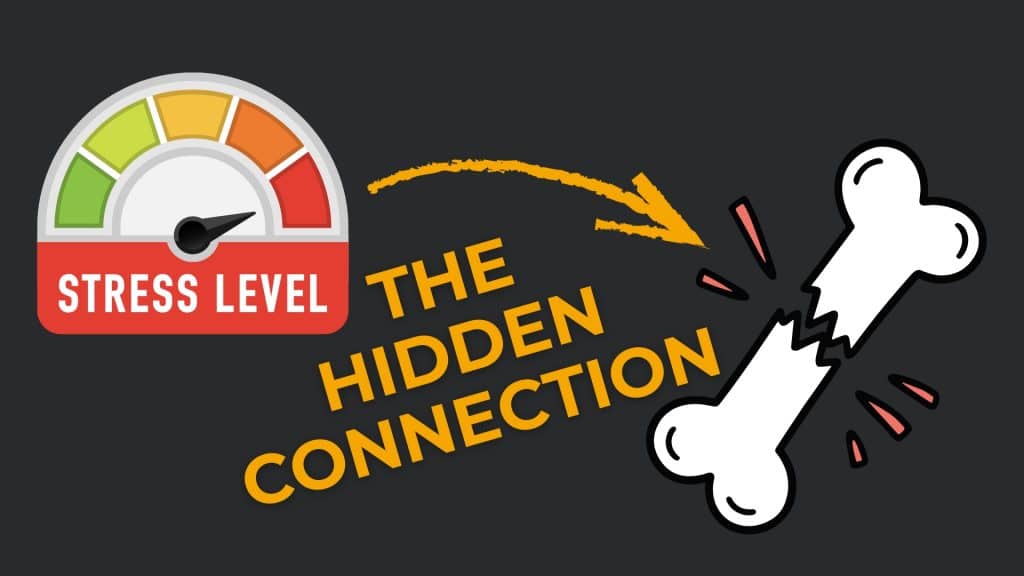 Graphic showing a stress level gauge and a cracked bone with the words ‘The Hidden Connection,’ representing how stress affects bone strength in Osteogenesis Imperfecta.